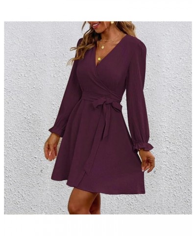 Women's Casual Wrap V Neck Shirt Dress Spring Winter 2024 Long Sleeve Tie Waist Mini Flowy Formal Dress Wine $11.39 Dresses