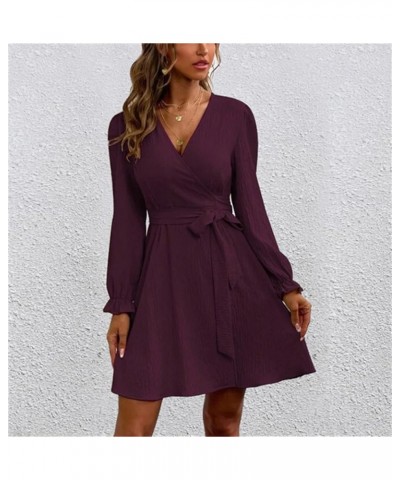 Women's Casual Wrap V Neck Shirt Dress Spring Winter 2024 Long Sleeve Tie Waist Mini Flowy Formal Dress Wine $11.39 Dresses