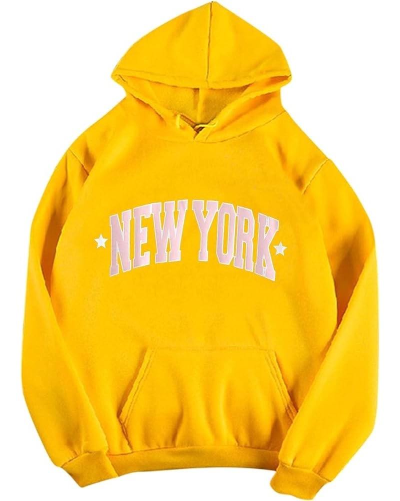 New York Hoodie for Women Winter Hooded Sweatshirt Casual Print Long-Sleeved Pocket Tops Graphic Y2K Yellow-3 $9.03 Hoodies &...