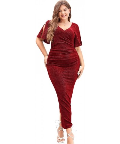 Womens Plus Size Glitter Wedding Guest Bodycon Maxi Dress Short Sleeve V Neck Ruched Slit Cocktail Party Dresses Wine $22.50 ...