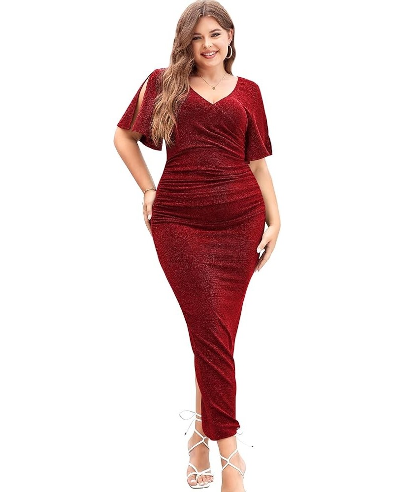 Womens Plus Size Glitter Wedding Guest Bodycon Maxi Dress Short Sleeve V Neck Ruched Slit Cocktail Party Dresses Wine $22.50 ...