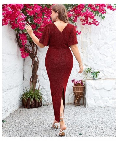 Womens Plus Size Glitter Wedding Guest Bodycon Maxi Dress Short Sleeve V Neck Ruched Slit Cocktail Party Dresses Wine $22.50 ...