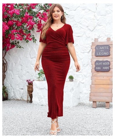 Womens Plus Size Glitter Wedding Guest Bodycon Maxi Dress Short Sleeve V Neck Ruched Slit Cocktail Party Dresses Wine $22.50 ...