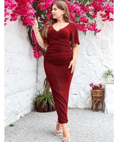 Womens Plus Size Glitter Wedding Guest Bodycon Maxi Dress Short Sleeve V Neck Ruched Slit Cocktail Party Dresses Wine $22.50 ...