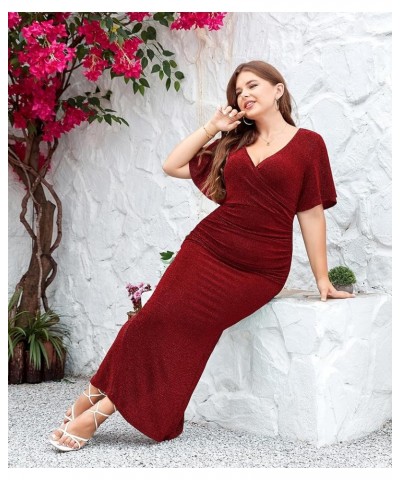 Womens Plus Size Glitter Wedding Guest Bodycon Maxi Dress Short Sleeve V Neck Ruched Slit Cocktail Party Dresses Wine $22.50 ...