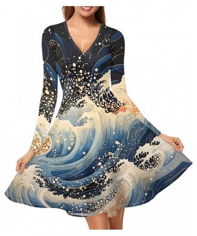 JooMeryer Women's 3D Van Gogh Painting Printed Dress V-Neck Long Sleeve Casual Dresses Wave $13.95 Dresses