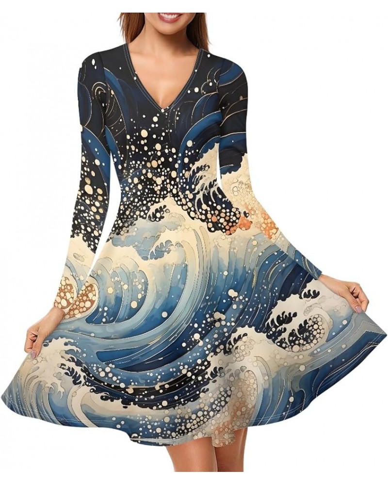 JooMeryer Women's 3D Van Gogh Painting Printed Dress V-Neck Long Sleeve Casual Dresses Wave $13.95 Dresses