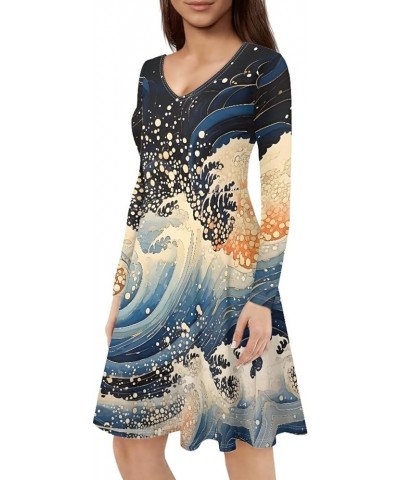 JooMeryer Women's 3D Van Gogh Painting Printed Dress V-Neck Long Sleeve Casual Dresses Wave $13.95 Dresses