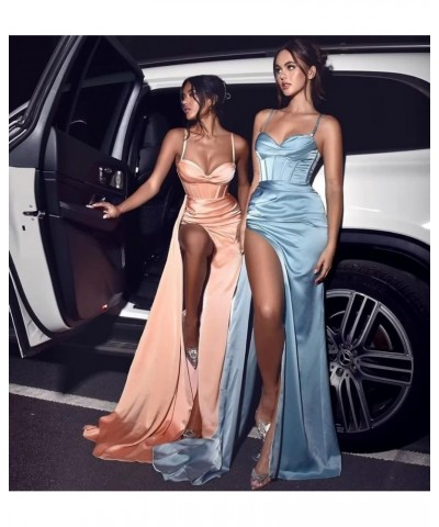 Mermaid Satin Bridesmaid Dresses for Women Prom Dresses with Slit Spaghetti Straps Long Formal Dress Coral $32.25 Dresses