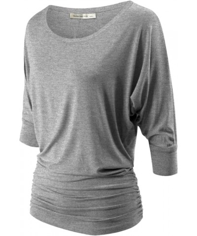 Women's Boat Neck and V-Neck 3/4 Sleeve Draped Dolman Top with Side Shirring Premium Shirt Hgrey_2023 $13.61 T-Shirts