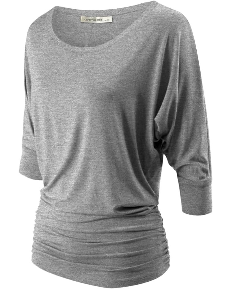 Women's Boat Neck and V-Neck 3/4 Sleeve Draped Dolman Top with Side Shirring Premium Shirt Hgrey_2023 $13.61 T-Shirts