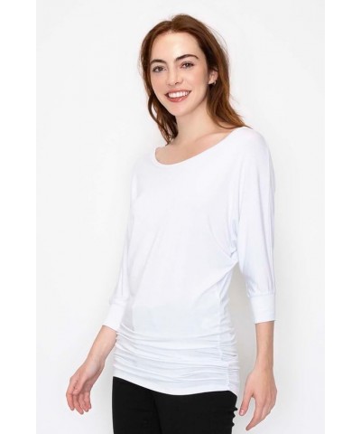 Women's Boat Neck and V-Neck 3/4 Sleeve Draped Dolman Top with Side Shirring Premium Shirt Hgrey_2023 $13.61 T-Shirts