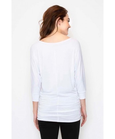 Women's Boat Neck and V-Neck 3/4 Sleeve Draped Dolman Top with Side Shirring Premium Shirt Hgrey_2023 $13.61 T-Shirts