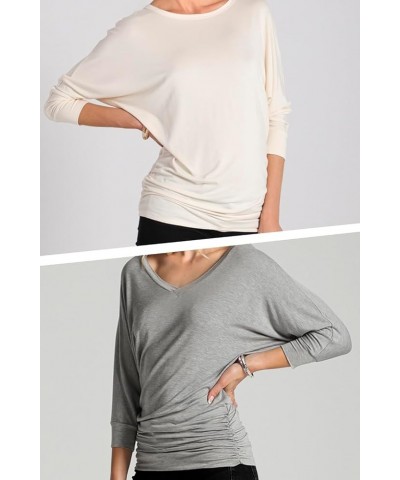 Women's Boat Neck and V-Neck 3/4 Sleeve Draped Dolman Top with Side Shirring Premium Shirt Hgrey_2023 $13.61 T-Shirts