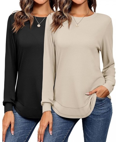 2 Pack Women's Crew Neck Sweatshirts, Long Sleeve Casual Shirts Loose Fit Soft Tunic Tops Plain Basic Pullover Tees Black, Ap...