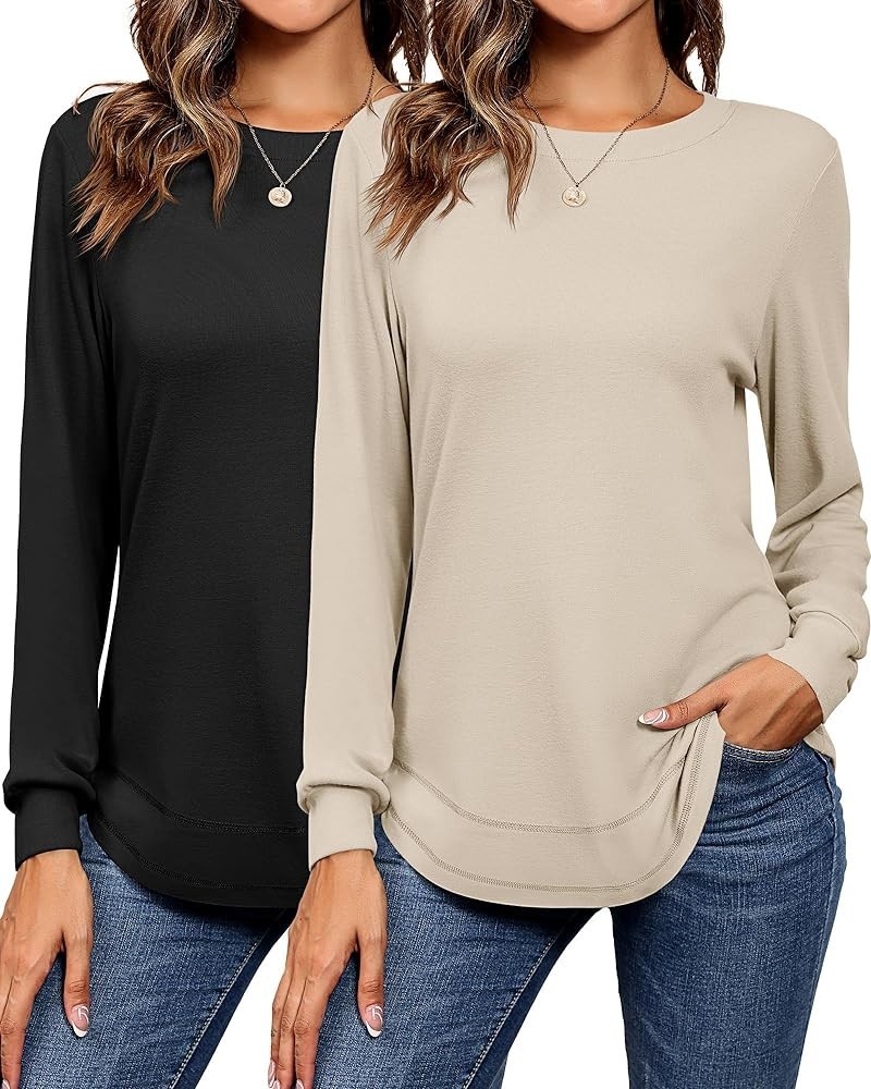 2 Pack Women's Crew Neck Sweatshirts, Long Sleeve Casual Shirts Loose Fit Soft Tunic Tops Plain Basic Pullover Tees Black, Ap...