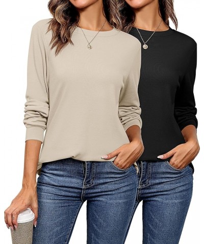 2 Pack Women's Crew Neck Sweatshirts, Long Sleeve Casual Shirts Loose Fit Soft Tunic Tops Plain Basic Pullover Tees Black, Ap...