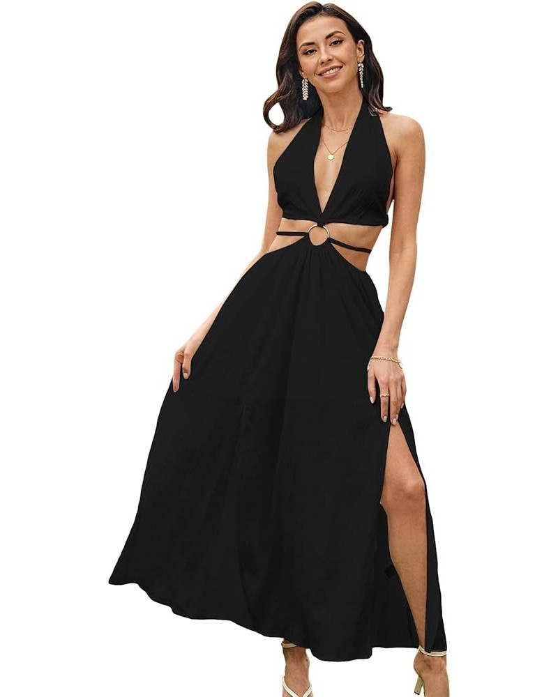 Women's V Neck Cut Out Metal Front Split Thigh Tie Backless Halter Maxi Dress Black $17.83 Dresses