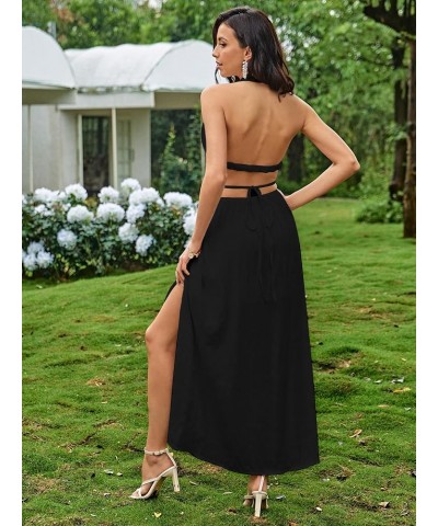 Women's V Neck Cut Out Metal Front Split Thigh Tie Backless Halter Maxi Dress Black $17.83 Dresses