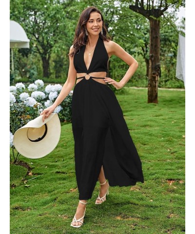 Women's V Neck Cut Out Metal Front Split Thigh Tie Backless Halter Maxi Dress Black $17.83 Dresses