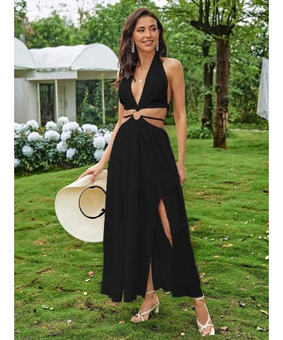 Women's V Neck Cut Out Metal Front Split Thigh Tie Backless Halter Maxi Dress Black $17.83 Dresses