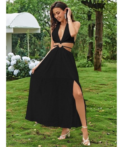 Women's V Neck Cut Out Metal Front Split Thigh Tie Backless Halter Maxi Dress Black $17.83 Dresses