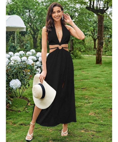 Women's V Neck Cut Out Metal Front Split Thigh Tie Backless Halter Maxi Dress Black $17.83 Dresses