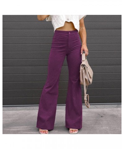 Women's Corduroy Flared Pants/Straight Pants, High Waisted Slim Fit Casual Wide Leg Trousers Elastic Bell Bottom Trousers 04-...