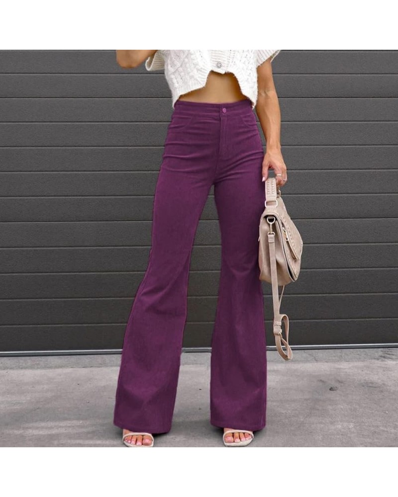 Women's Corduroy Flared Pants/Straight Pants, High Waisted Slim Fit Casual Wide Leg Trousers Elastic Bell Bottom Trousers 04-...