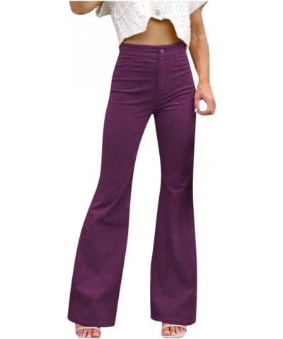 Women's Corduroy Flared Pants/Straight Pants, High Waisted Slim Fit Casual Wide Leg Trousers Elastic Bell Bottom Trousers 04-...