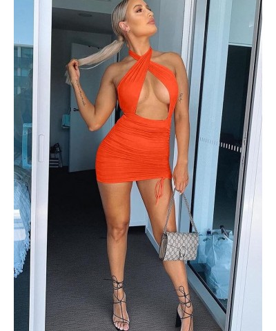 Women's Sexy Criss Cross Halter Tie Up Backless Drawstring Ruched Bodycon Mini Club Party Dress Orange $12.47 Dresses