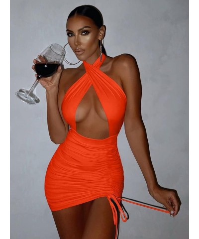 Women's Sexy Criss Cross Halter Tie Up Backless Drawstring Ruched Bodycon Mini Club Party Dress Orange $12.47 Dresses