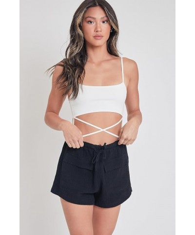 Women's Drawstring Textured Shorts with Pockets Black $7.78 Shorts