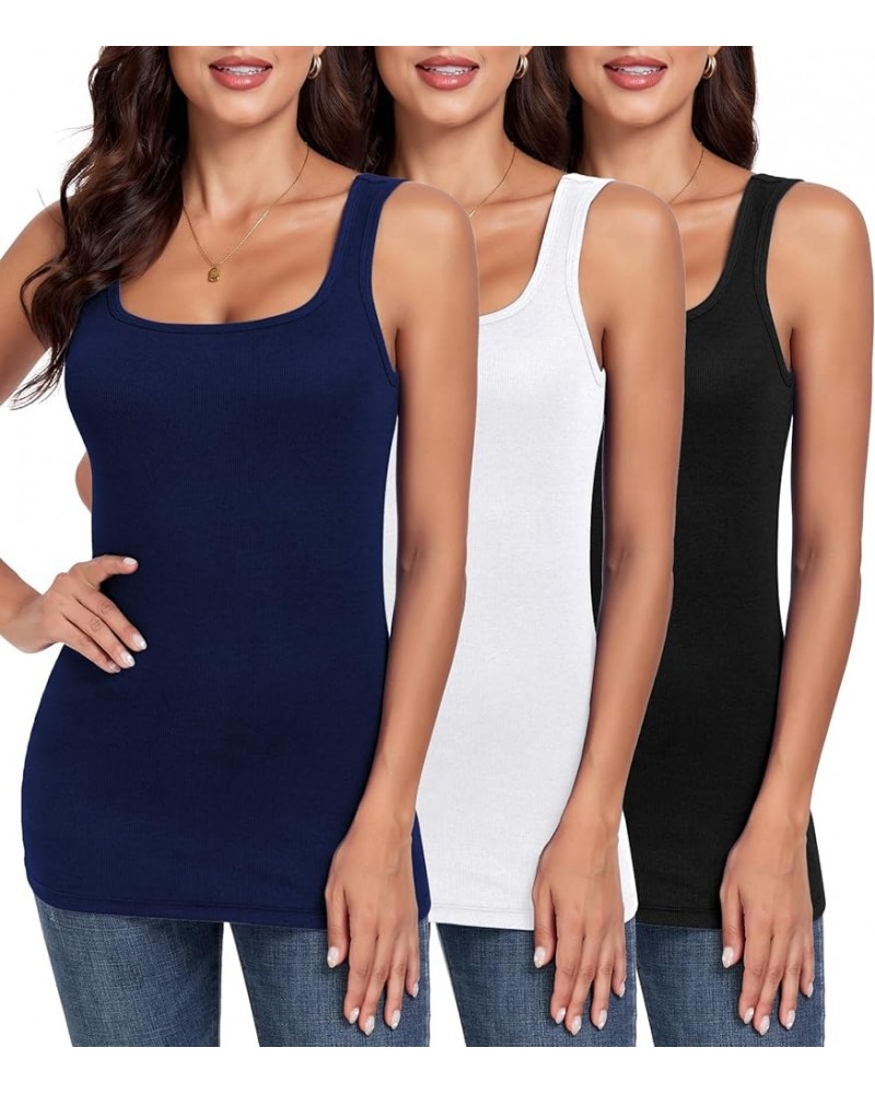 Ribbed Square Neck Tops for Women Sleeveless Long Camisole Layering Undershirts 3Packs Black White Navy $23.39 Tanks