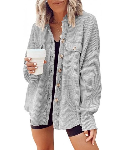 Womens Long Batwing Sleeve Splicing Cardigan Lightweight Waffle Textured Boyfriend Shirt Jacket Shacket Light-grey $14.49 Swe...