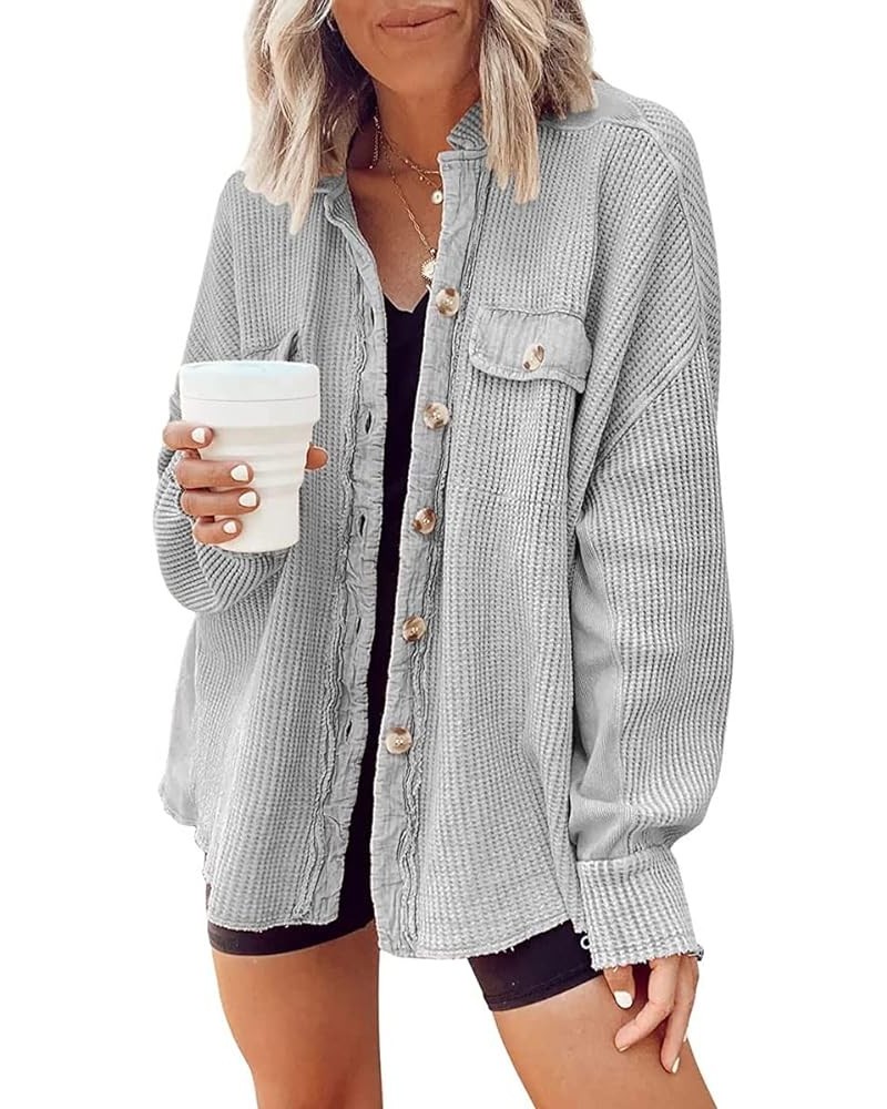 Womens Long Batwing Sleeve Splicing Cardigan Lightweight Waffle Textured Boyfriend Shirt Jacket Shacket Light-grey $14.49 Swe...