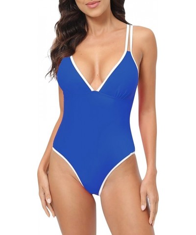 Swimsuit for Women 2024 Summer Fashion Sexy V Neck One-Piece Swimsuit Solid Color Swimwear 3-blue $10.12 Swimsuits