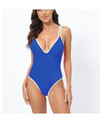 Swimsuit for Women 2024 Summer Fashion Sexy V Neck One-Piece Swimsuit Solid Color Swimwear 3-blue $10.12 Swimsuits