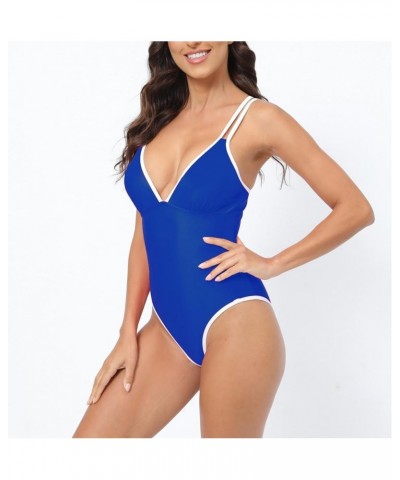 Swimsuit for Women 2024 Summer Fashion Sexy V Neck One-Piece Swimsuit Solid Color Swimwear 3-blue $10.12 Swimsuits