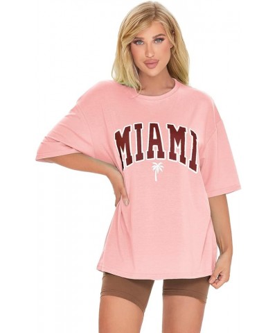 Women's Loose Drop Shoulder Tree Miami Letter Graphic Oversized Longline Tee Shirt Tops Pink $16.23 T-Shirts