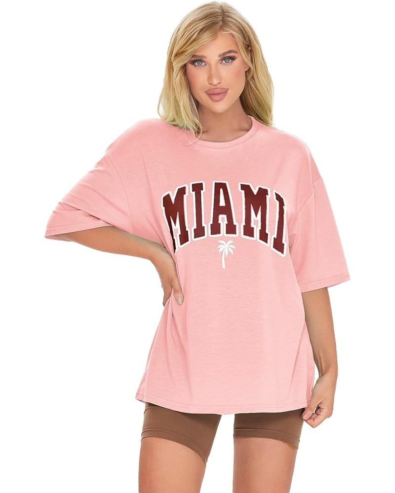 Women's Loose Drop Shoulder Tree Miami Letter Graphic Oversized Longline Tee Shirt Tops Pink $16.23 T-Shirts