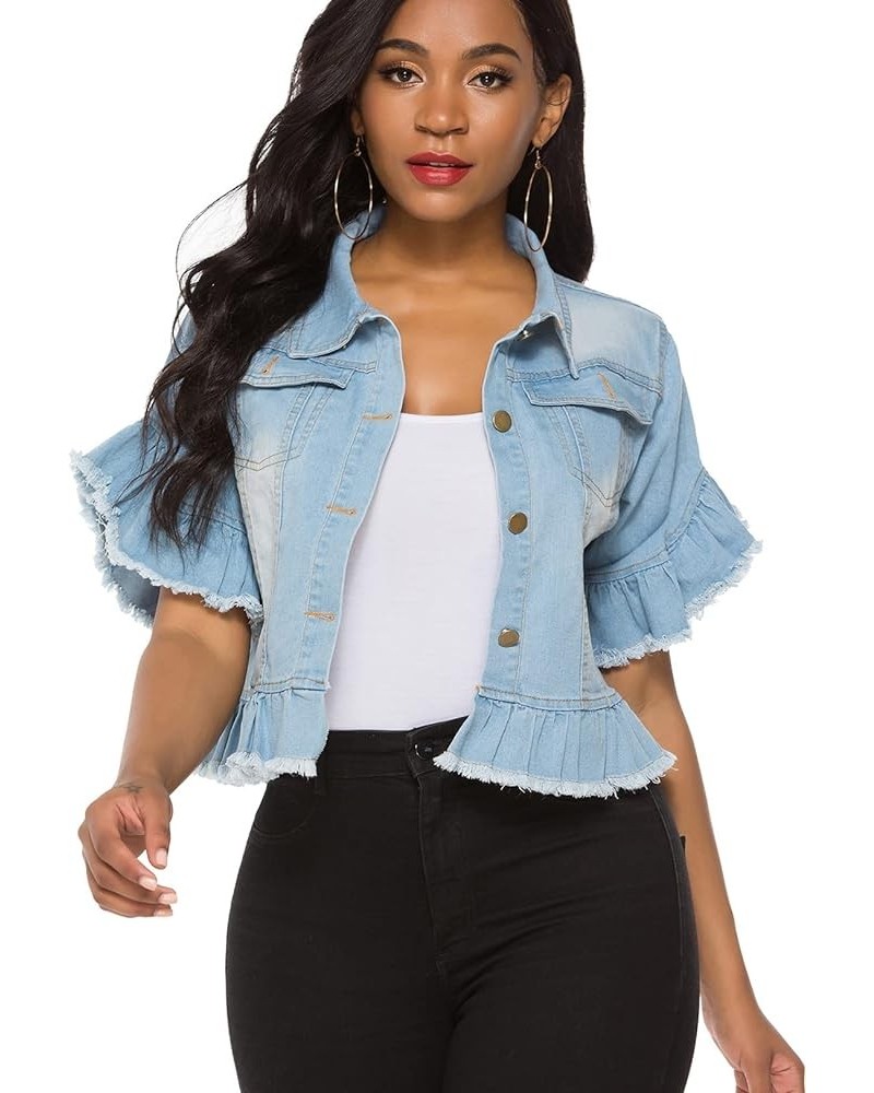 Women's Denim Jacket Button Down Distressed Ruffle Sleeve Crop Jean Jackets Coat Blue $22.05 Jackets