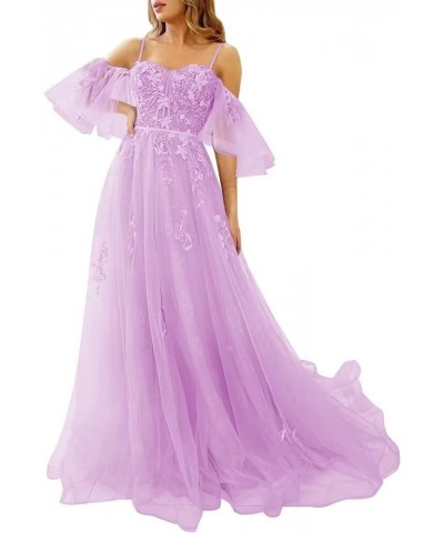 Tulle Prom Dresses for Women Long Ball Gown Off Shoulder Lace Applique Formal Evening Party Gowns 2024 Lilac $38.70 Dresses