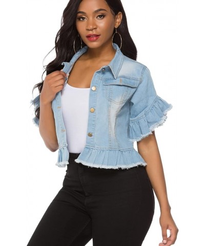 Women's Denim Jacket Button Down Distressed Ruffle Sleeve Crop Jean Jackets Coat Blue $22.05 Jackets