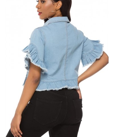 Women's Denim Jacket Button Down Distressed Ruffle Sleeve Crop Jean Jackets Coat Blue $22.05 Jackets