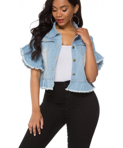 Women's Denim Jacket Button Down Distressed Ruffle Sleeve Crop Jean Jackets Coat Blue $22.05 Jackets