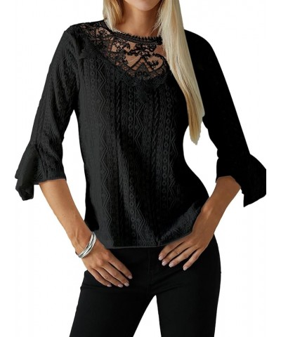 Women's Casual Scoop Neck Lace Hollow Out Blouse 3/4 Sleeve Ruffle Shirt Top Black $10.59 Blouses