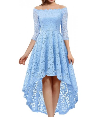 Women's Lace Cocktail Dress Hi-Lo Off Shoulder Bridesmaid Swing Formal Party Dress 3/4 Sleeve- Blue $21.50 Dresses