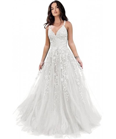 Glitter Tulle Prom Dresses Women Lace Appliques Long Ball Gwons with Spaghetti Straps A-Line Evening Dresses 2024 Ivory $50.9...