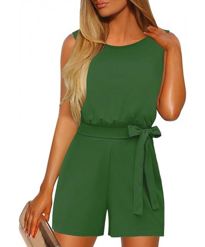 Womens Summer Belted Romper Keyhole Back Short Sleeve Jumpsuit Playsuit Treetop Green $18.48 Rompers